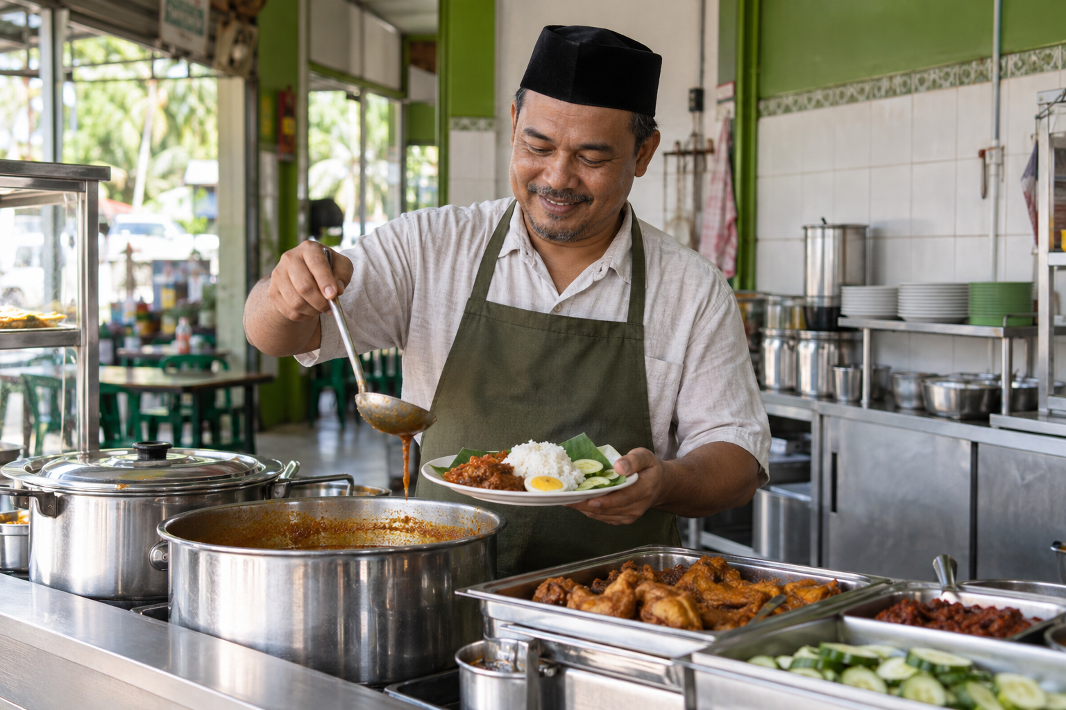 Pemilik kedai makan Melayu menyediakan makanan
