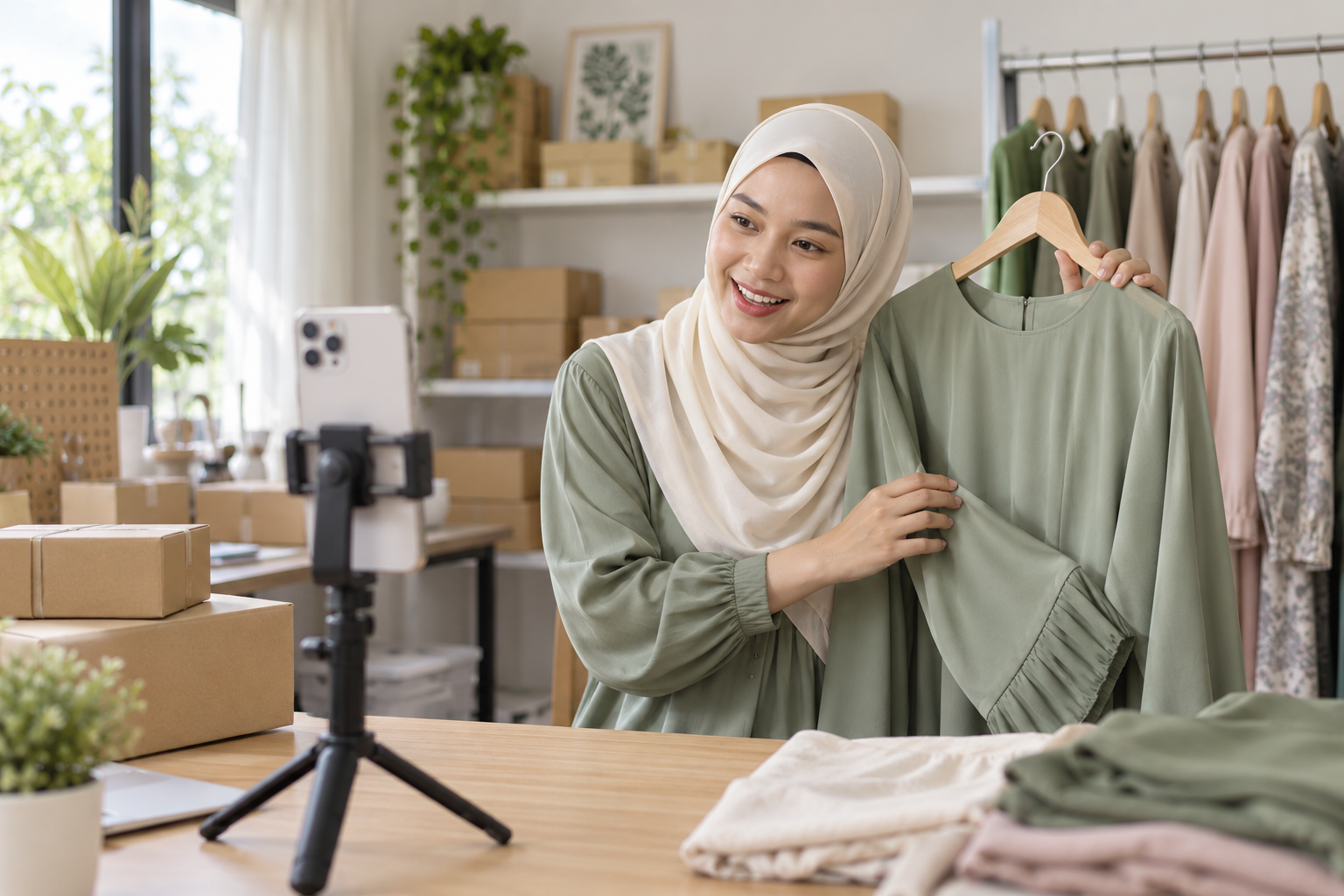 Usahawan bertudung membuat siaran langsung produk